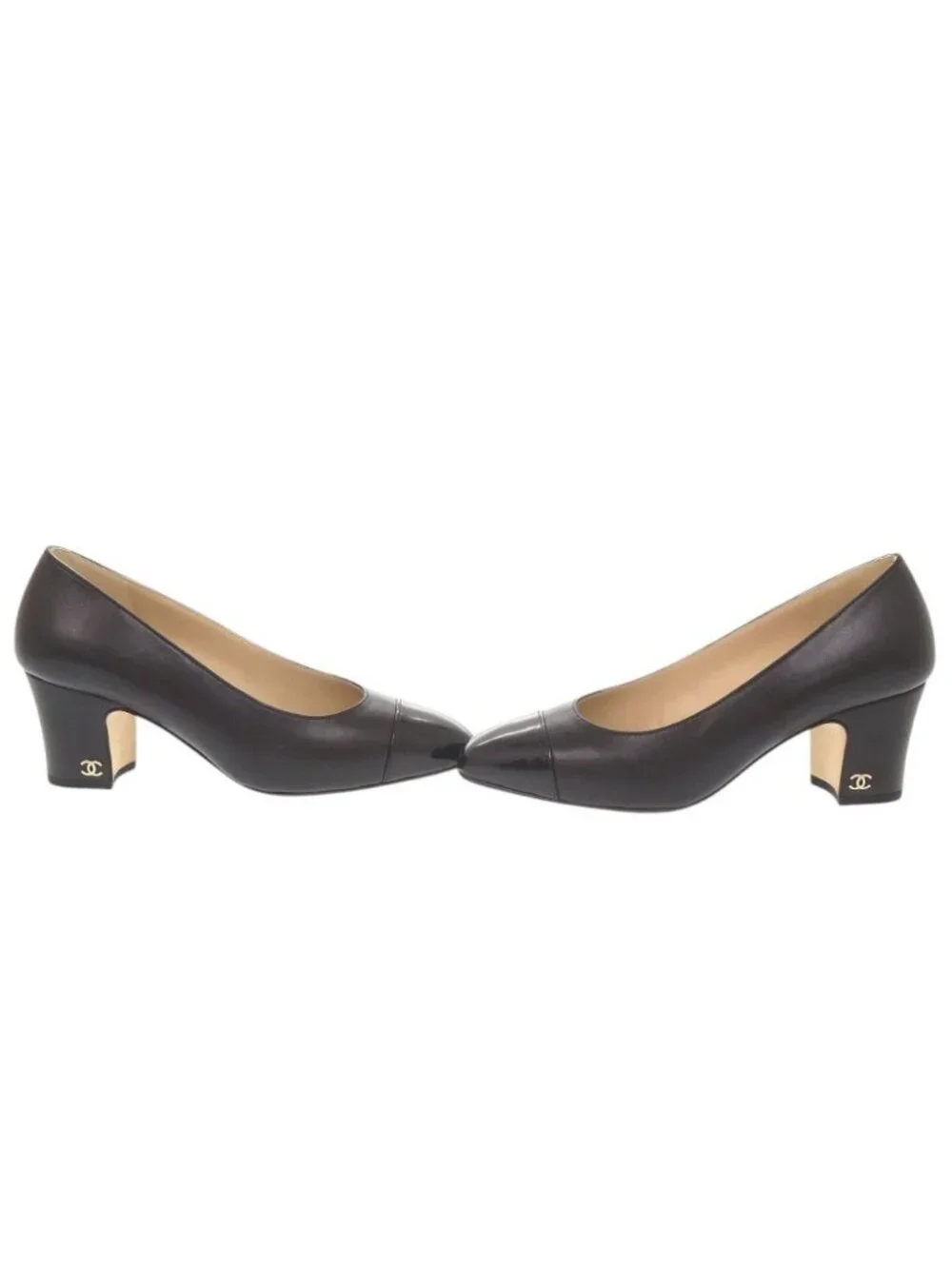 Chanel CC Logo 35c Leather Patent Black Pumps Heel